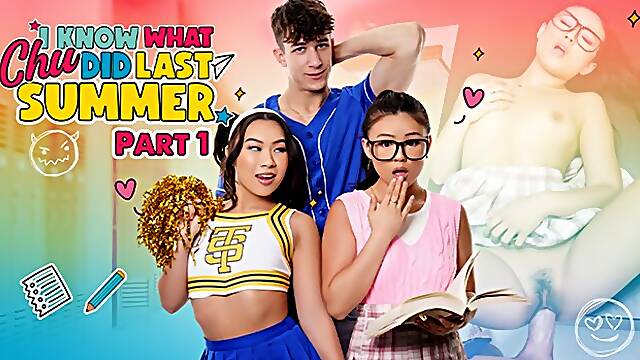 Star cheerleader Kimmy Kimm and nerdy Lulu Chu share a classmate on a school desk