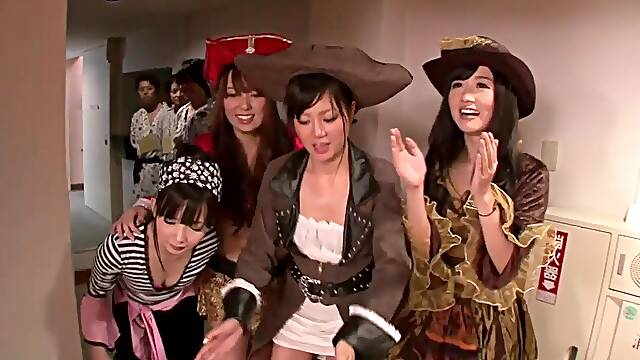 Japanese cosplay babes squirt in orgy, Japanese cosplay babes squirt in orgy after removing their pirate costumes