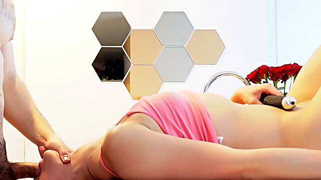 Chinese girl takes big white cock in every hole in the kitchen