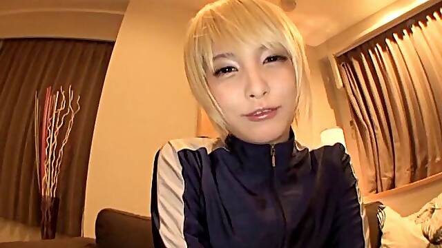 Tight blue spandex is sexy as hell on the Asian blonde