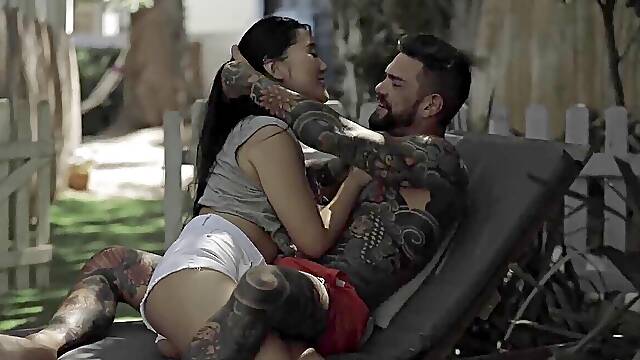 Asian Hottie Katana Sucks Off strung up tatted man Before Outdoor Fucking