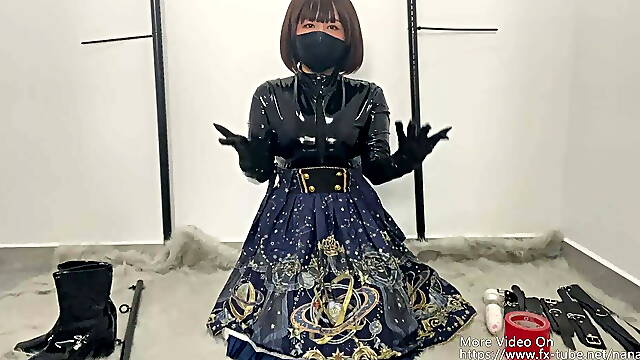 NANA PVC bodysuit self bondage and gas mask orgasm 