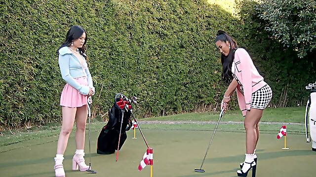 Lesbian sex with high heels and frilly socks dangling outdoors