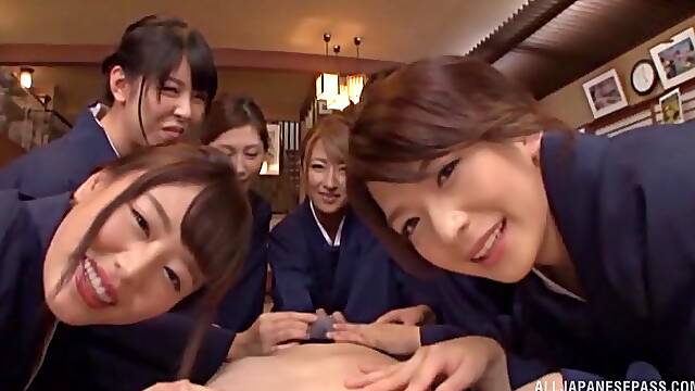 Clothed Japanese college girls share cock in sensual POV scenes