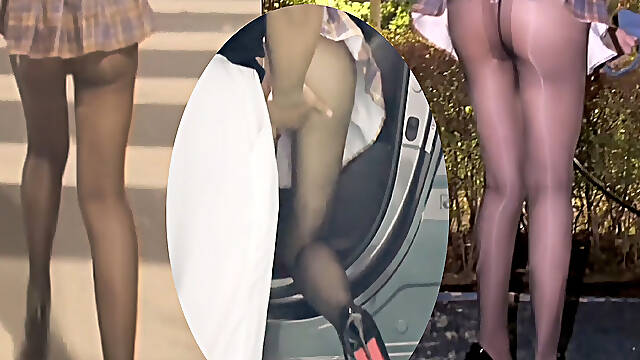 Lustful Long-legged Goddess in Glossy Stockings and High Heels-flashing, Car Wash Setting, Blowjob, and Creampie.